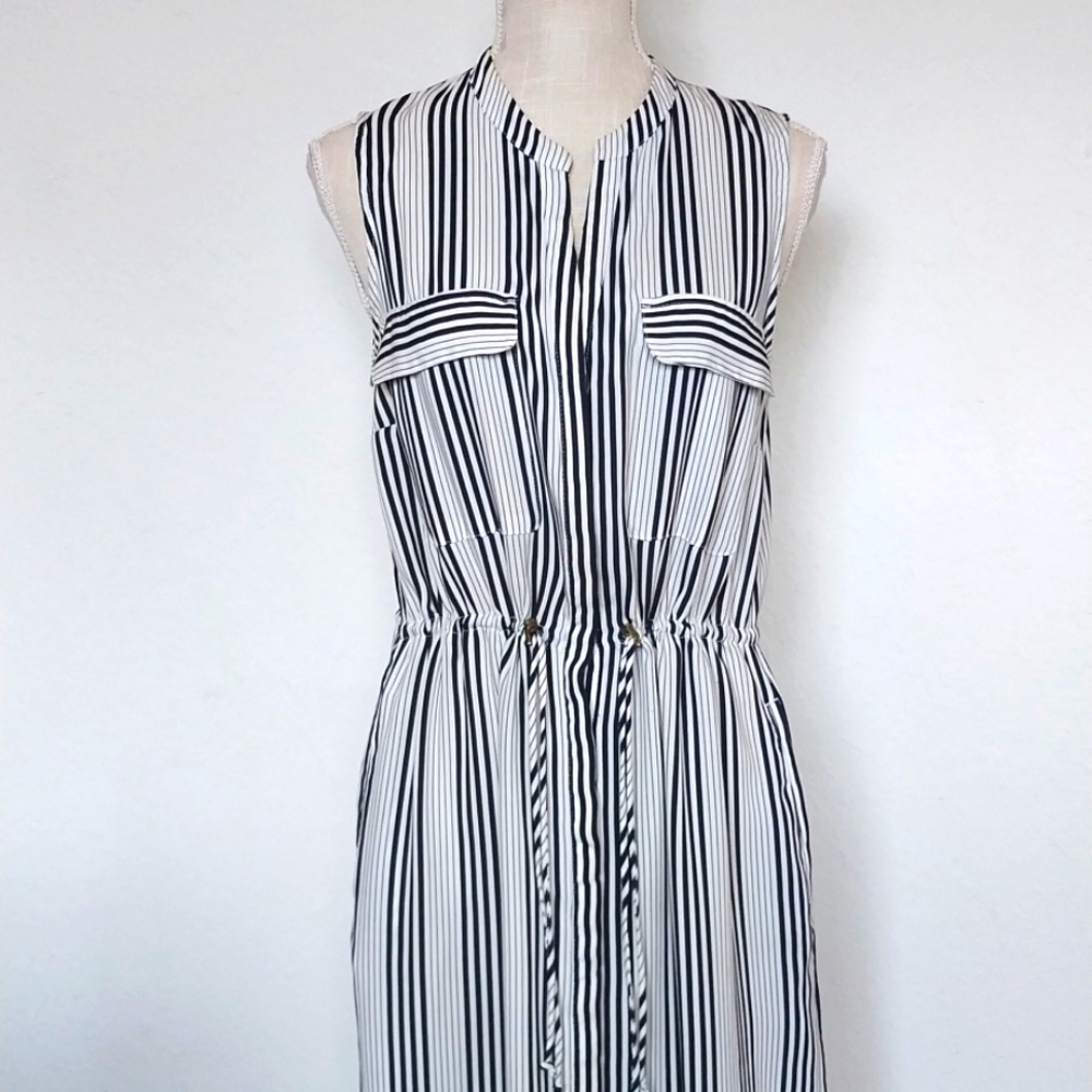 H&M Shirtdress Navy White Stripe Sleeveless Button Front Size 10 Copy